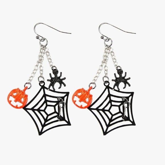 Halloween Spider Web Pumpkin Dangle Earrings - Picture 4 of 4
